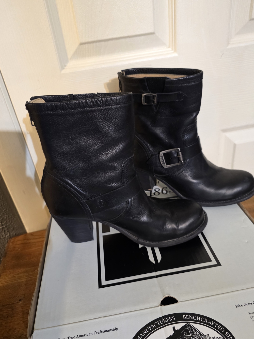 FRYE Karla Engineer Short Black Leather Ankle Boots Buckle Zip 8.5 M + Box